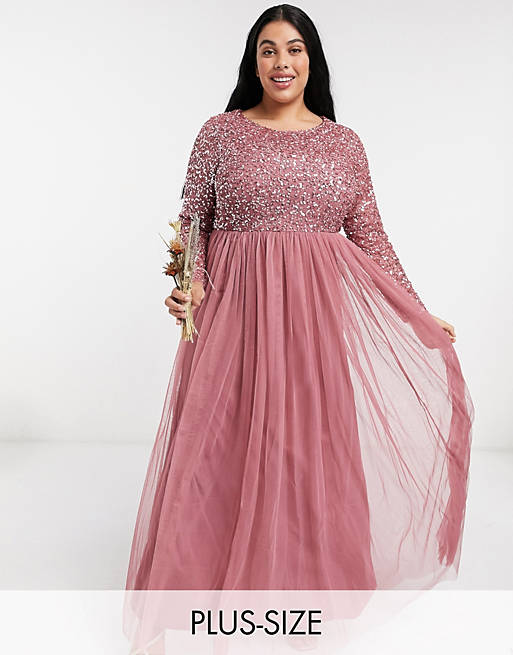 Maya Plus delicate sequin long sleeve maxi dress with tulle skirt in rose