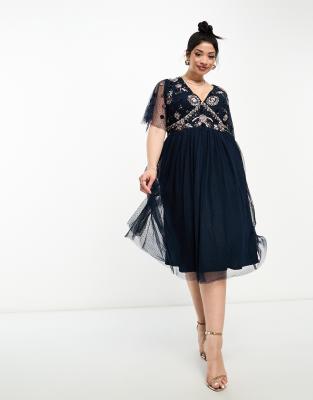 Maya Plus Embellished Midi Dress With Tulle Skirt In Navy-blue