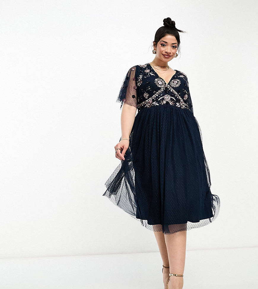 embellished midi dress with tulle skirt in navy-Blue
