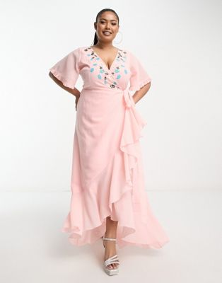 embroidered wrap midaxi dress in veiled rose-Pink