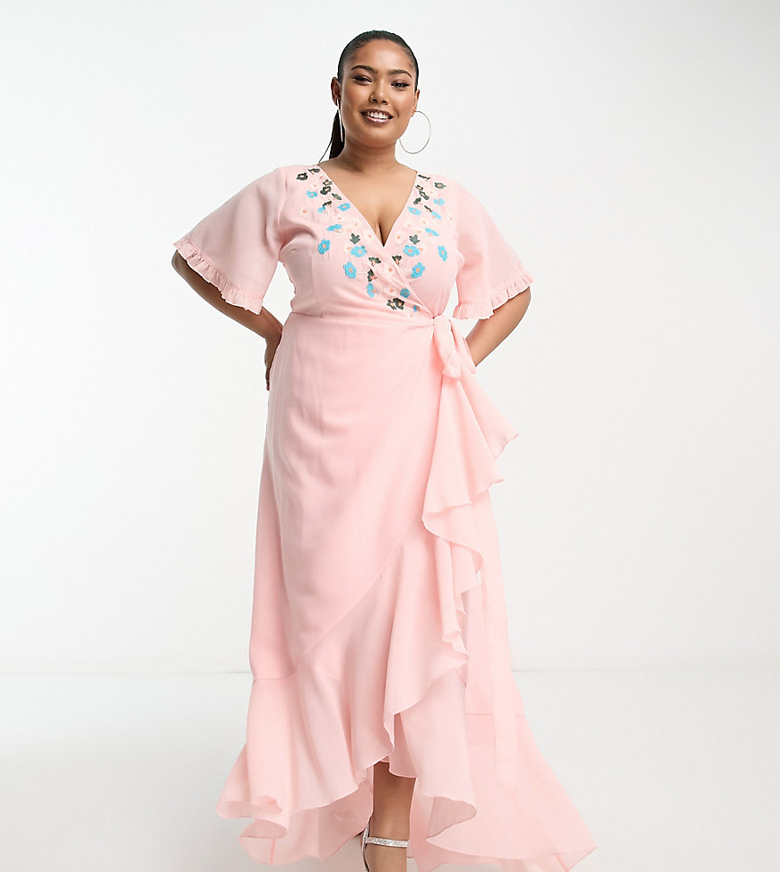 Maya Plus Embroidered Wrap Midaxi Dress In Veiled Rose-pink