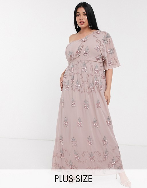 Maya Plus floral embellished drape one shoulder maxi dress in pink