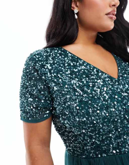 Maya Plus - L'invitée - Robe longue en tulle avec manches courtes et sequins délicats ton sur ton - Vert émeraude, 2 de 4