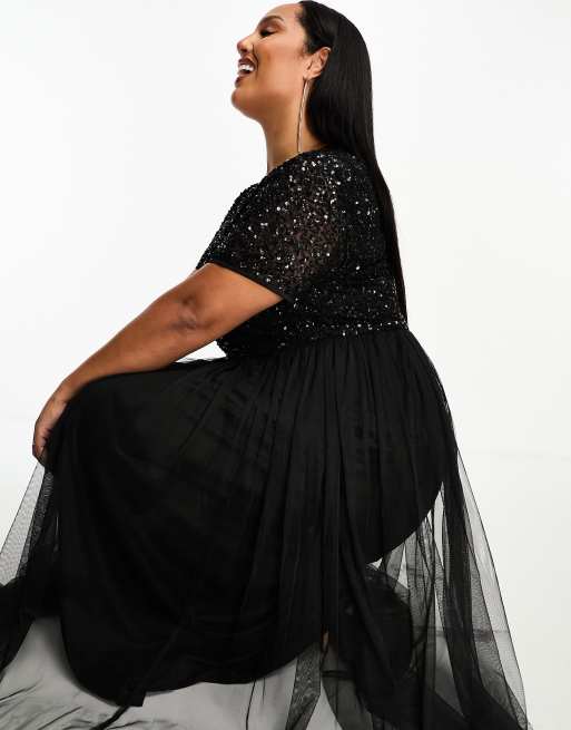 Maya Plus L invitee Robe longue en tulle avec sequins delicats ton sur ton et manches courtes Noir ASOS