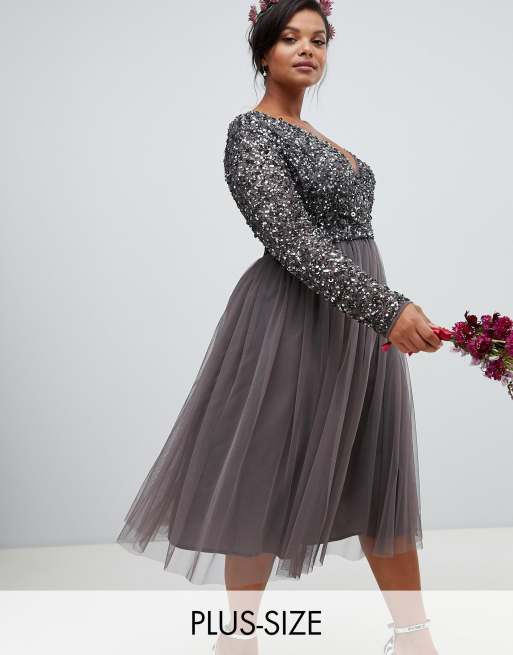 Maya long sleeve wrap front maxi dress with delicate on sale sequin and tulle skirt in charcoal