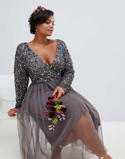 Maya long sleeve wrap front maxi dress hotsell with delicate sequin and tulle skirt in charcoal