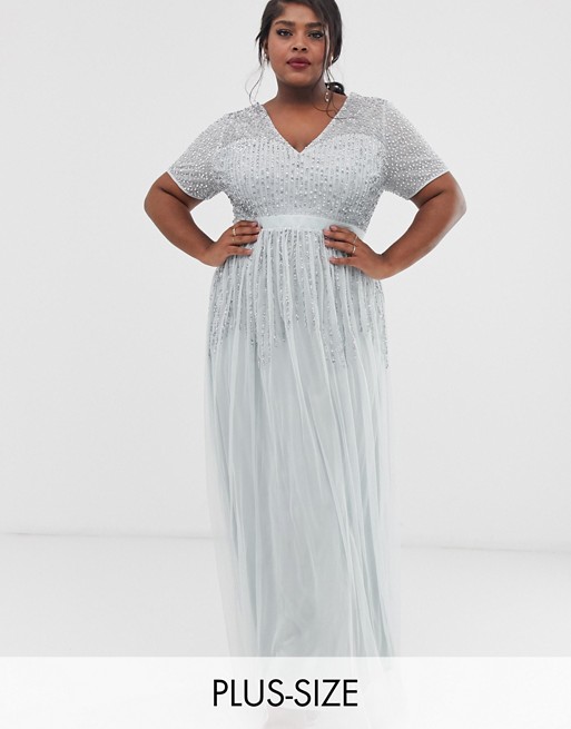Maya Plus mesh all over scattered sequin pleated maxi dress in ice blue