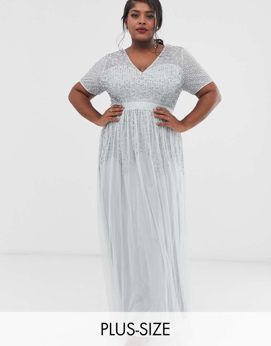 Maya Plus mesh all over scattered sequin pleated maxi dress in ice blue | ASOS
