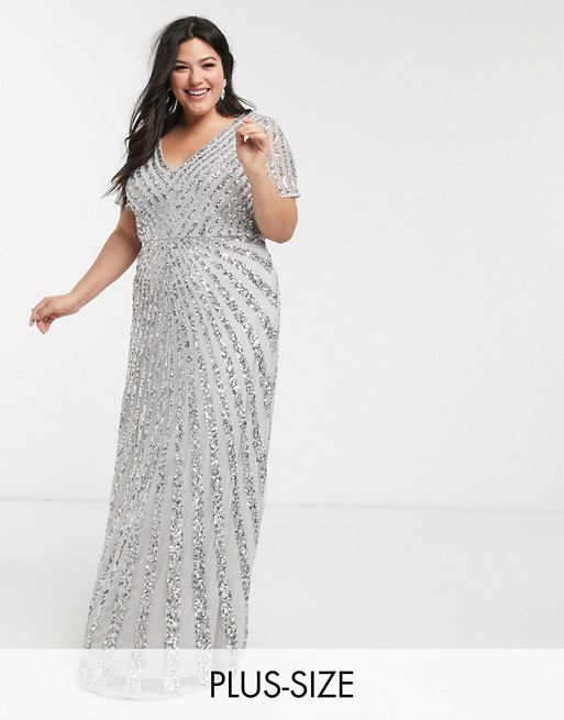 Maya Plus plunge front all over embellished maxi dress in silver