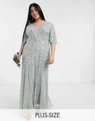 Maya Plus Plunge Front Flutter Sleeve Delicate Sequin Maxi Dress In Sage  Green | ModeSens