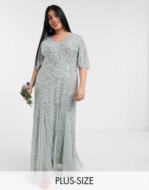 Maya Plus plunge front flutter sleeve delicate sequin maxi dress