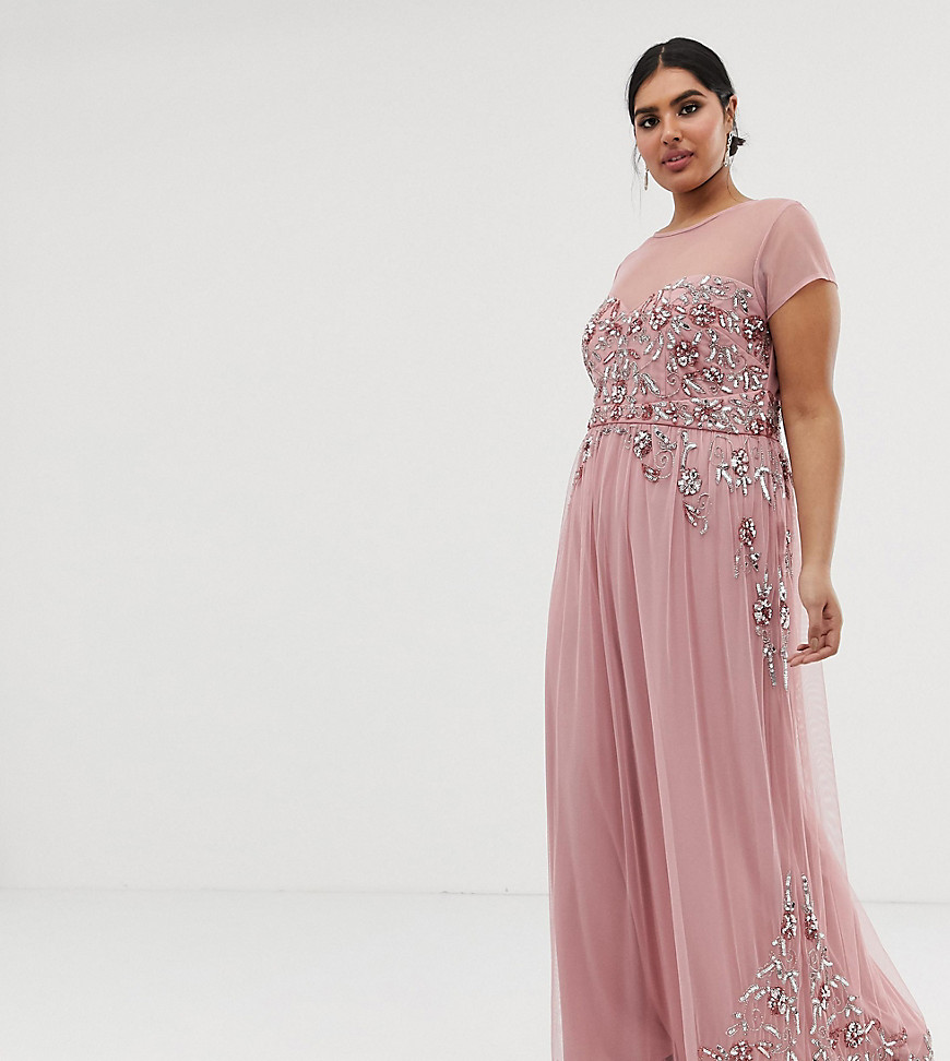 Maya Plus - Premium lange jurk met versierde kapmouwtjes van mesh in vintage rose-Roze