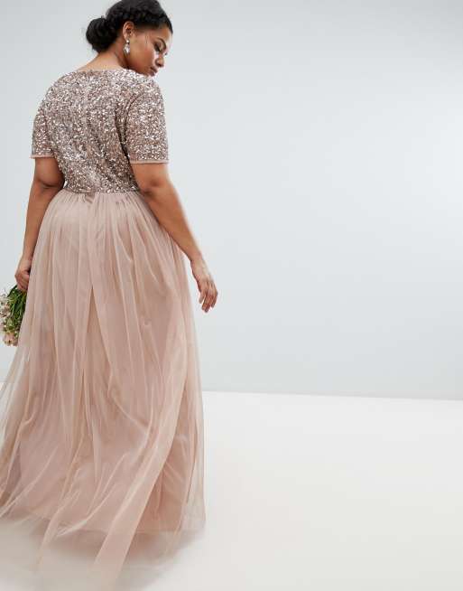 Maya Plus - Robe longue de demoiselle d'honneur en tulle à col V et sequins délicats ton sur ton, 2 de 4