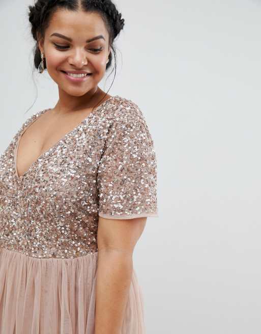 Maya Plus - Robe longue de demoiselle d'honneur en tulle à col V et sequins délicats ton sur ton, 3 de 4