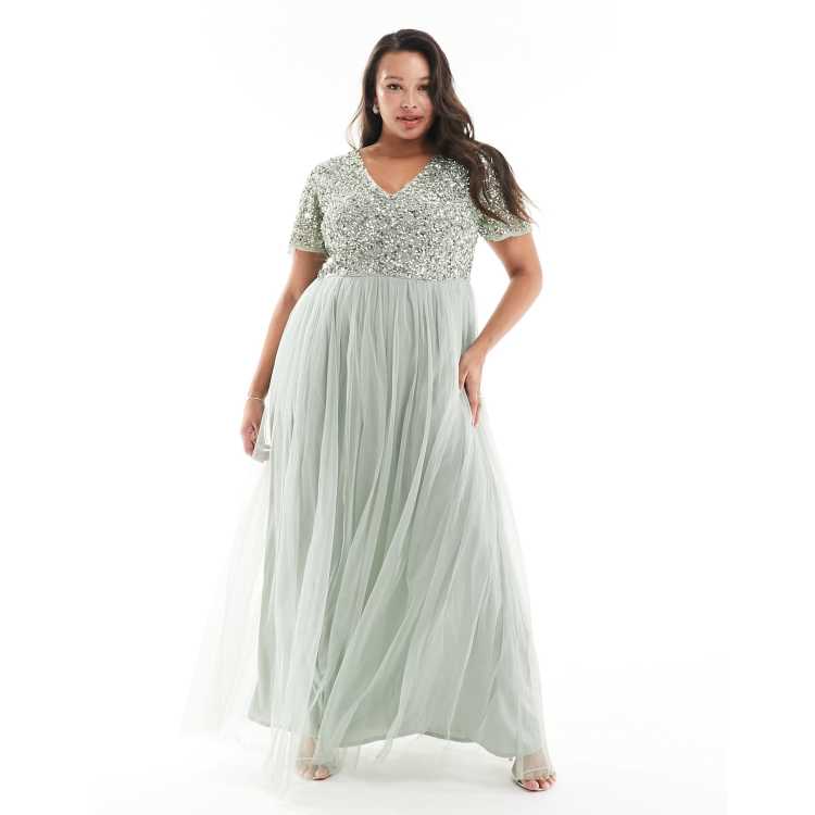 Maya Plus Robe longue de demoiselle d honneur en tulle avec manches courtes et sequins delicats ton sur ton Vert sauge ASOS