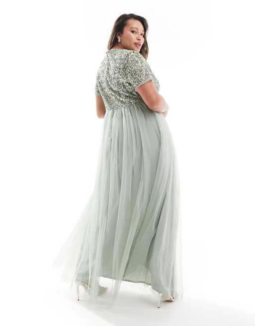 Maya Plus Robe longue de demoiselle d honneur en tulle avec manches courtes et sequins d licats ton sur ton Vert sauge