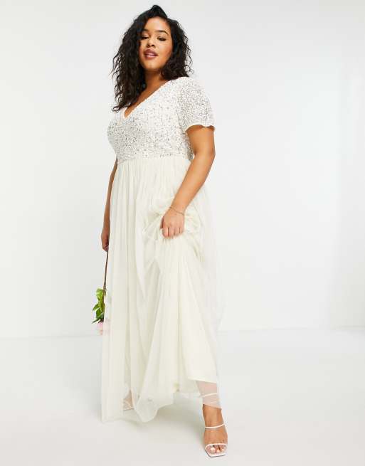 Maya Plus v neck maxi tulle dress with tonal delicate sequin in ecru ASOS