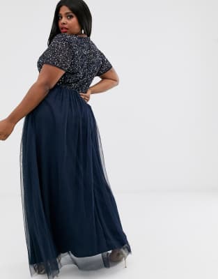 maya plus v neck maxi tulle dress