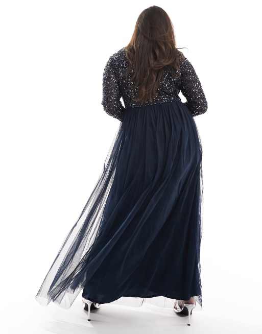 Maya Plus - Vestito da damigella lungo in tulle a maniche lunghe con  delicate paillettes tono su tono blu navy