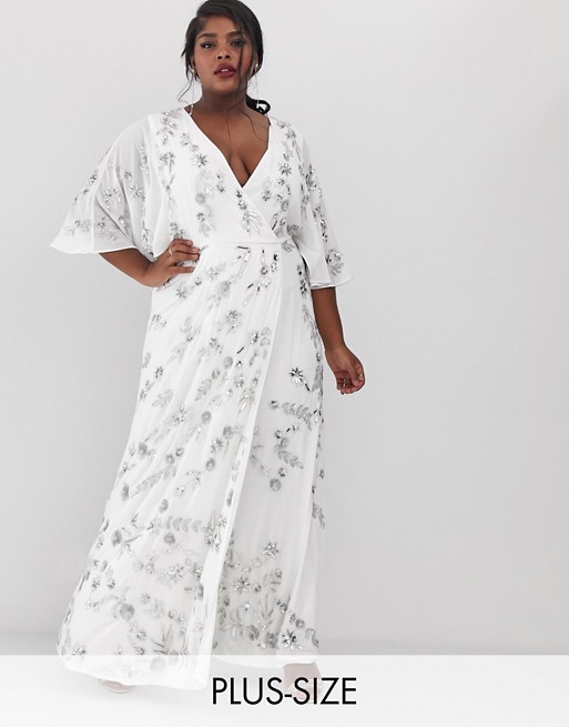 Maya Plus wrap front floral embellished maxi dress in white