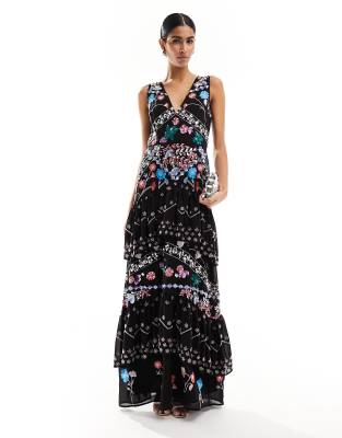 Maya Maya Premium embellished plunge maxi dress in black