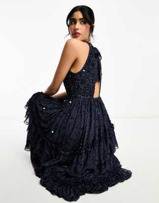 Maya Premium embellished tiered maxi dress with ruffle detail in navy