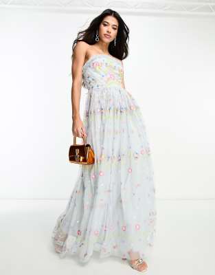 Maya Premium Embroidered Bandeau Maxi Dress Ice Blue