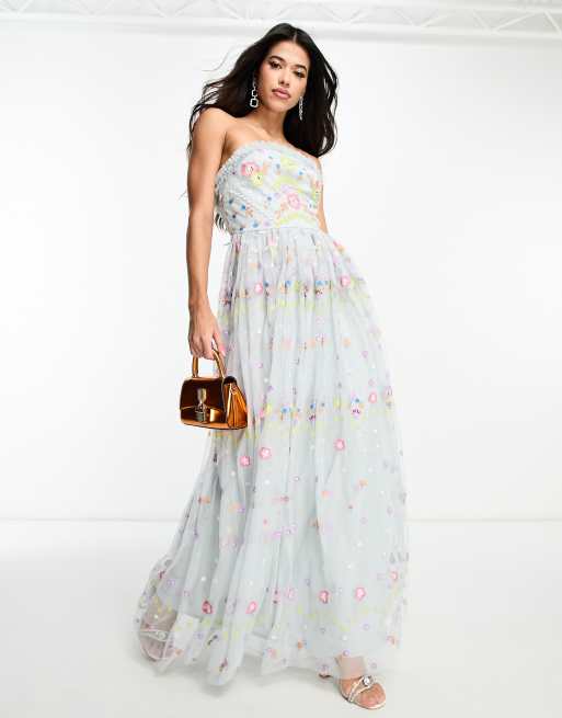 White maxi dress with blue clearance embroidery