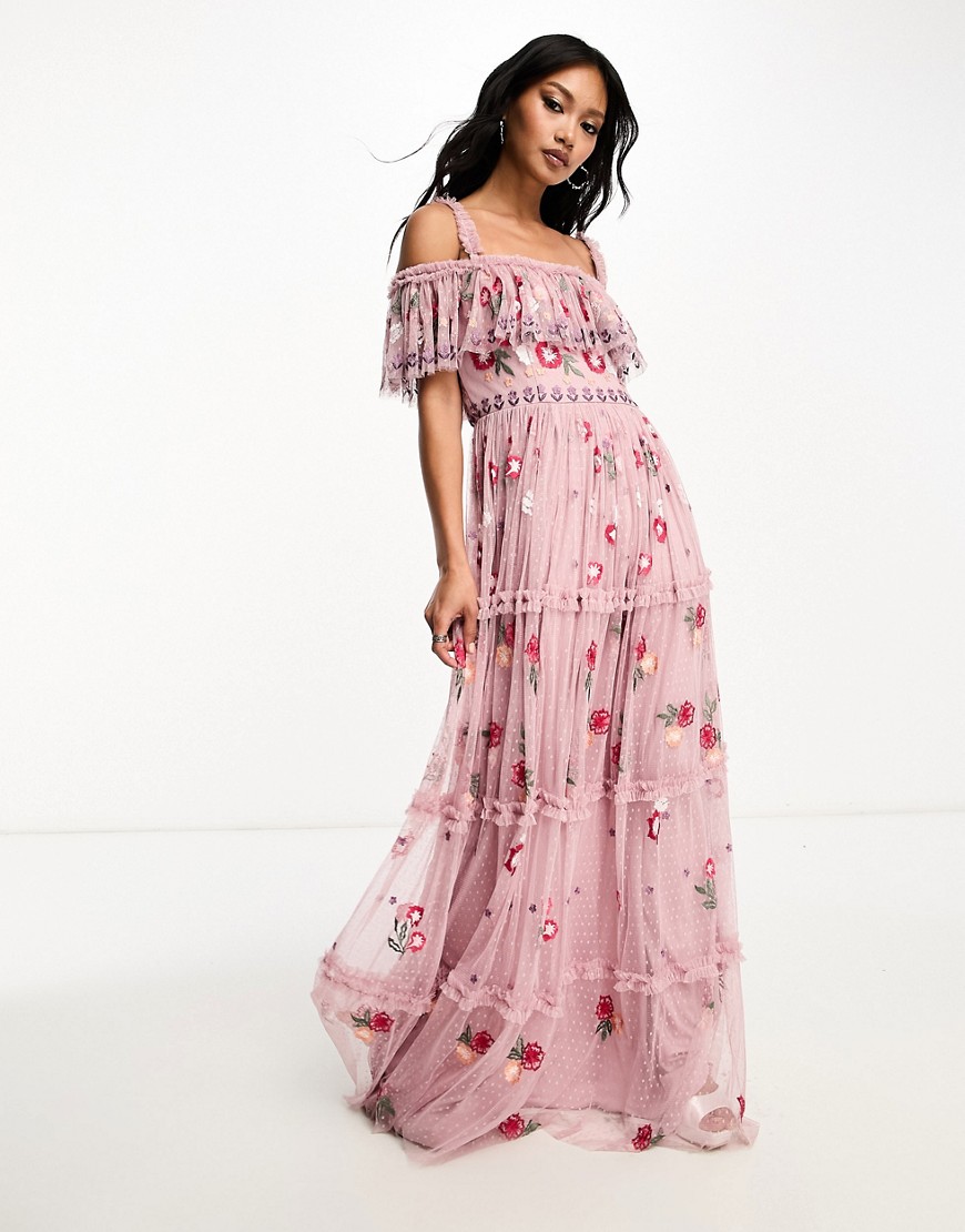 Maya Premium embroidered bardot maxi dress with full skirt in pink multi
