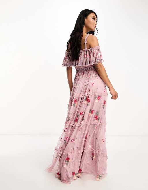 Dusty pink bardot embroidered hotsell maxi dress