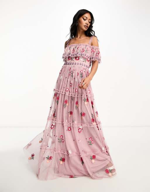 Dusty pink bardot hot sale embroidered maxi dress