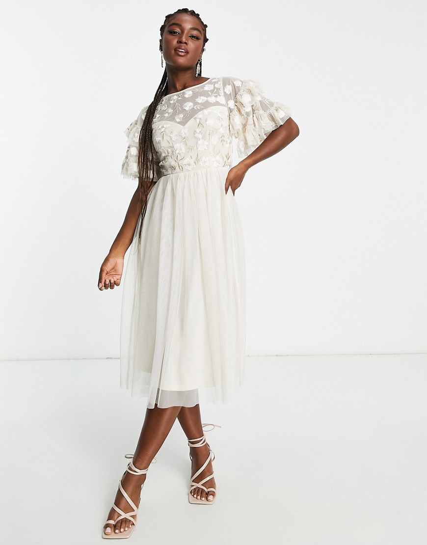 Maya premium embroidered tulle midi dress in cream-White
