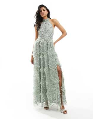 Maya Maya Premium halterneck embellished maxi dress in sage-Green