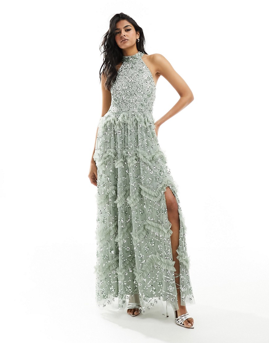 Maya Premium Halterneck Embellished Maxi Dress In Sage-green