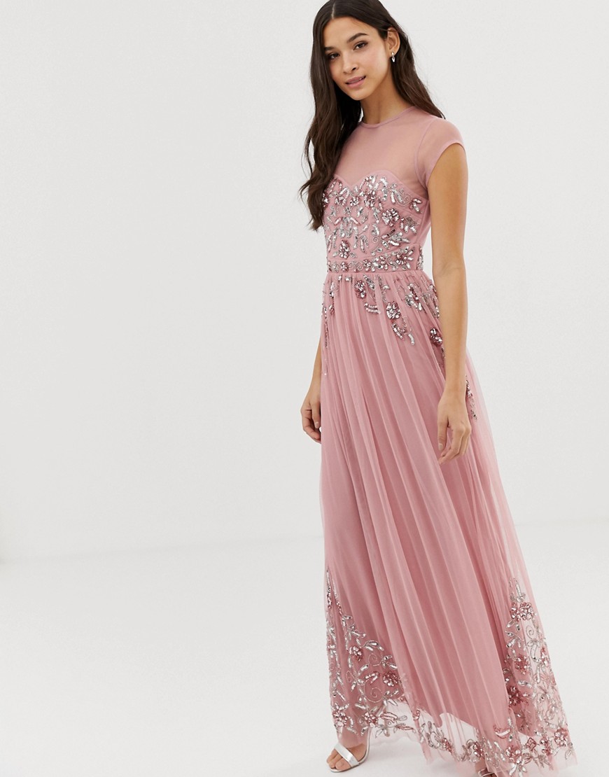 Maya - Premium lange jurk met kapmouwtjes en versierd mesh in vintage roze
