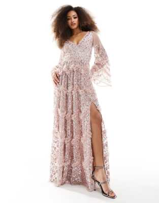 Premium plunge embellished maxi dress with split in pink