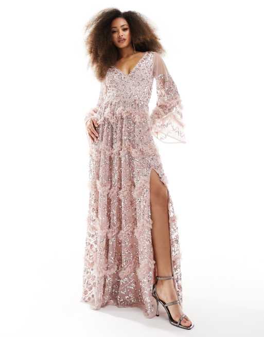 Maya Premium plunge embellished maxi dress with split in pink