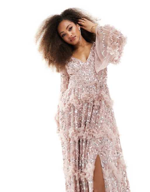 Maya Premium plunge embellished maxi dress with split in pink, 3 of 4