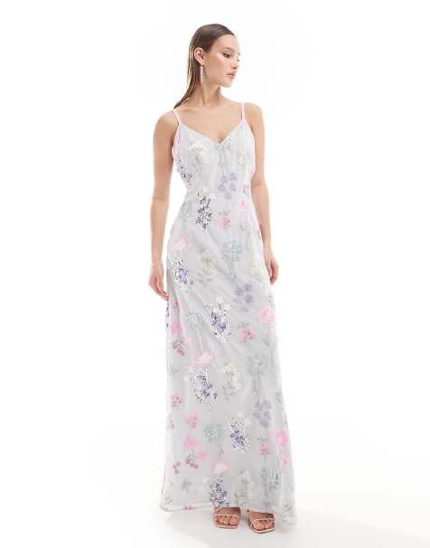 Maya - Premium - Robe longue à bretelles et fleurs brodées - Bleu - view 1