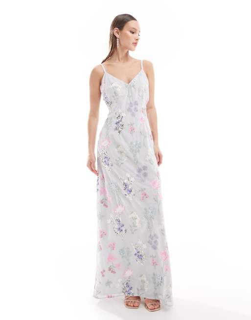 Maya - Premium - Robe longue à bretelles et fleurs brodées - Bleu