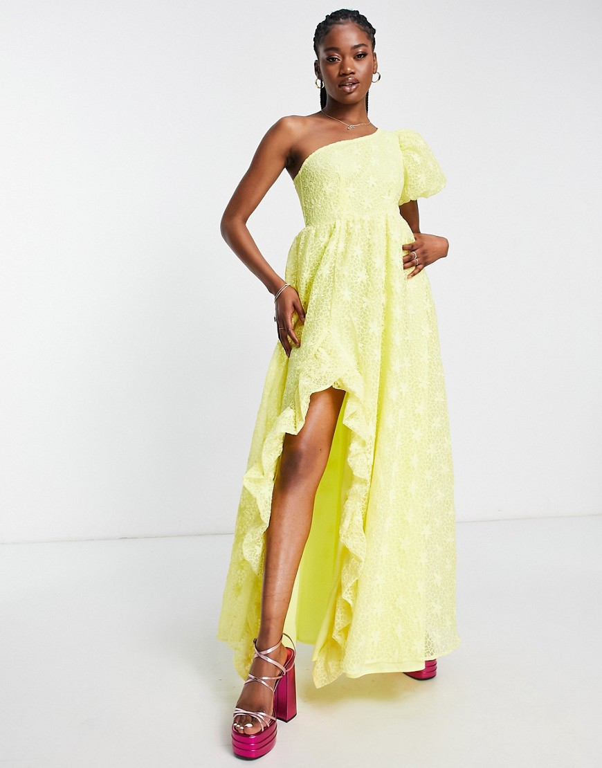 prom floral lace one sleeve maxi dress in yellow