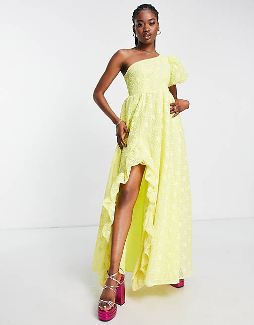 Maya prom floral lace one sleeve maxi dress in yellow