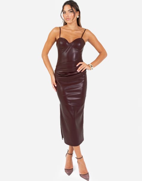 Maya Pu leather strappy midi dress in chocolate