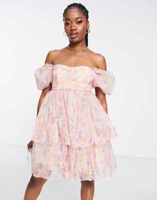 puff sleeve organza mini dress in pastel-Multi