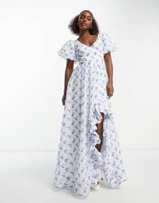 Maya Puff Sleeve Wrap Bodice Maxi Dress With Ruffle Split In Blue Floral-white