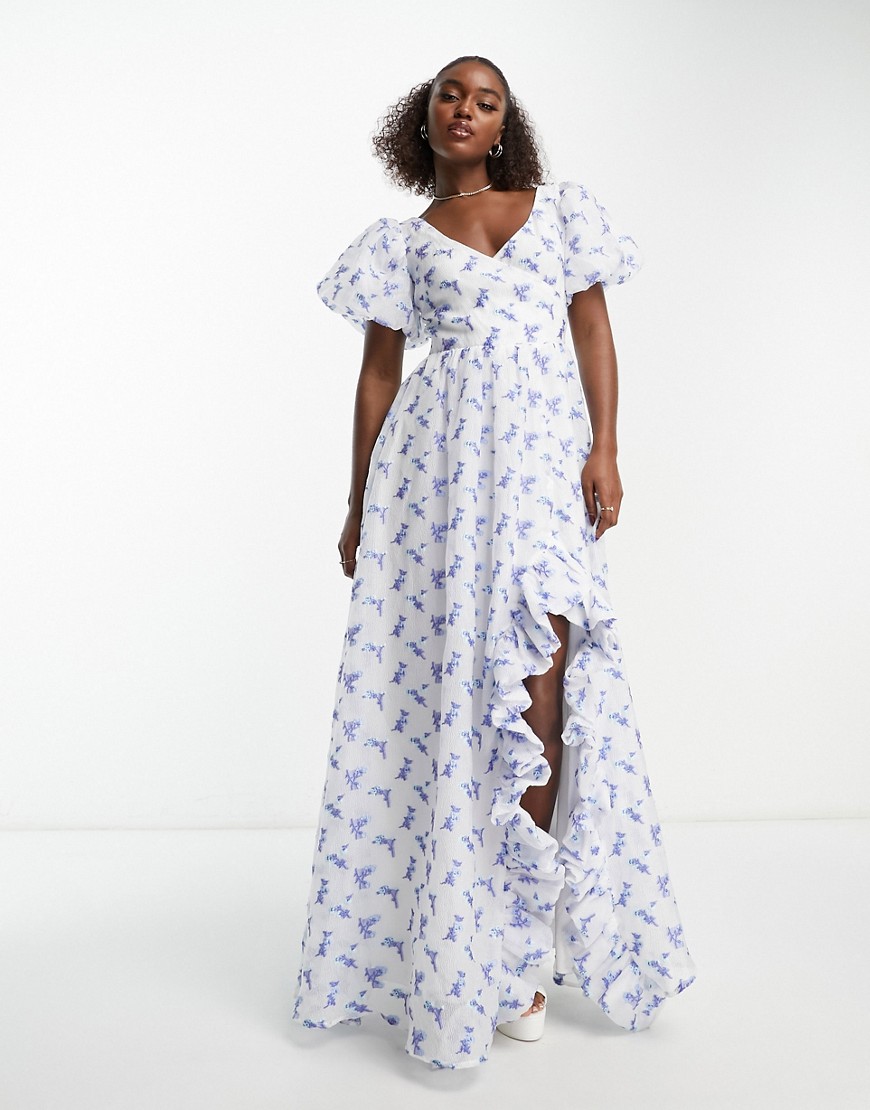 puff sleeve wrap bodice maxi dress with ruffle split in blue floral-White
