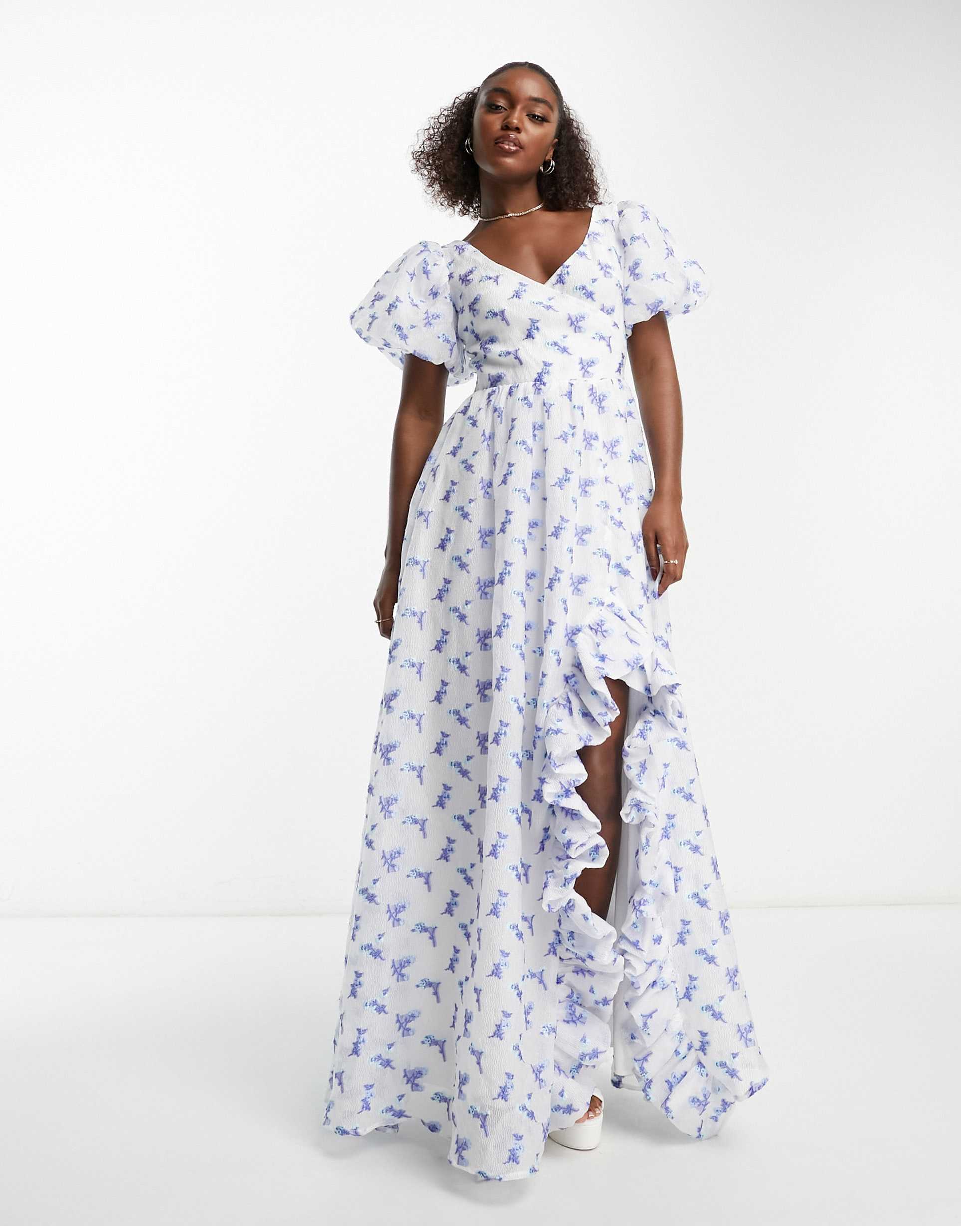 maya puff sleeve wrap bodice maxi dress with ruffle split in blue floral