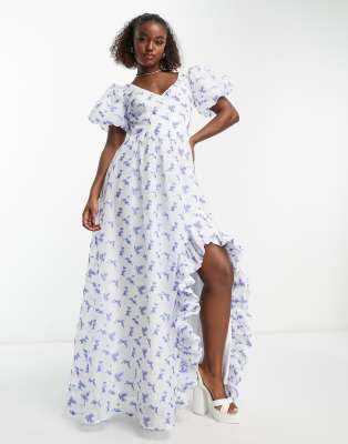 Maya puff sleeve wrap bodice maxi dress with ruffle split in blue floral |  ASOS