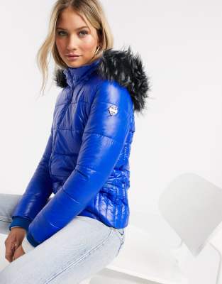 blue puffer jacket with fur hood