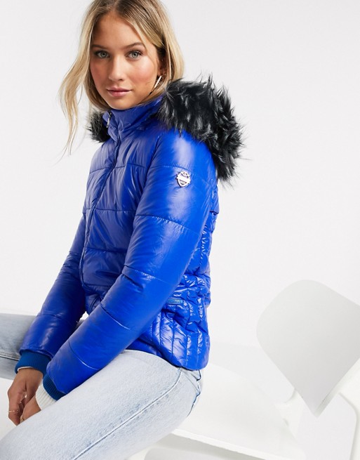 Maya puffer jacket with detachable faux fur hood in blue
